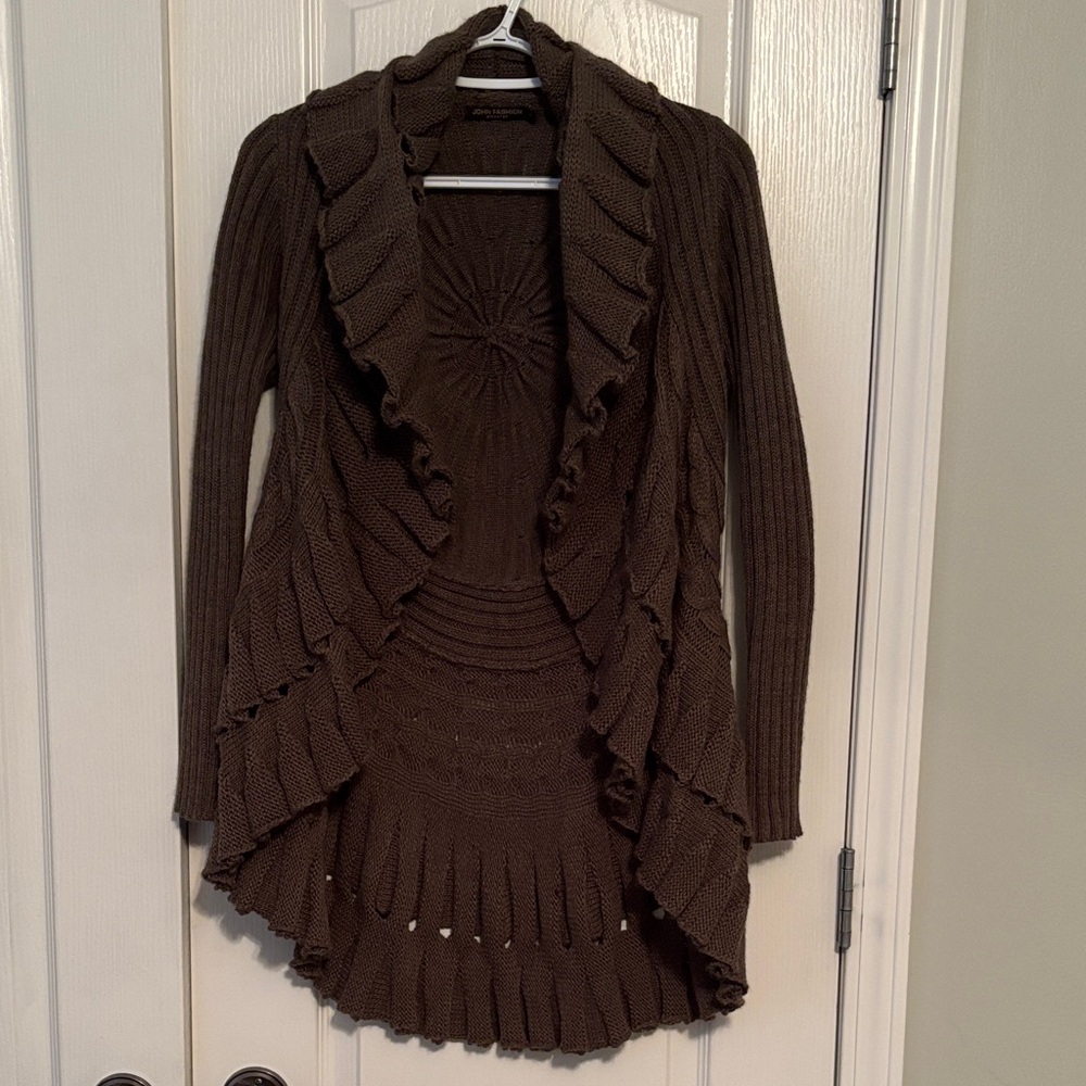 John Fashion Olive Green Ruffle Wool Blend Cardigan size Medium